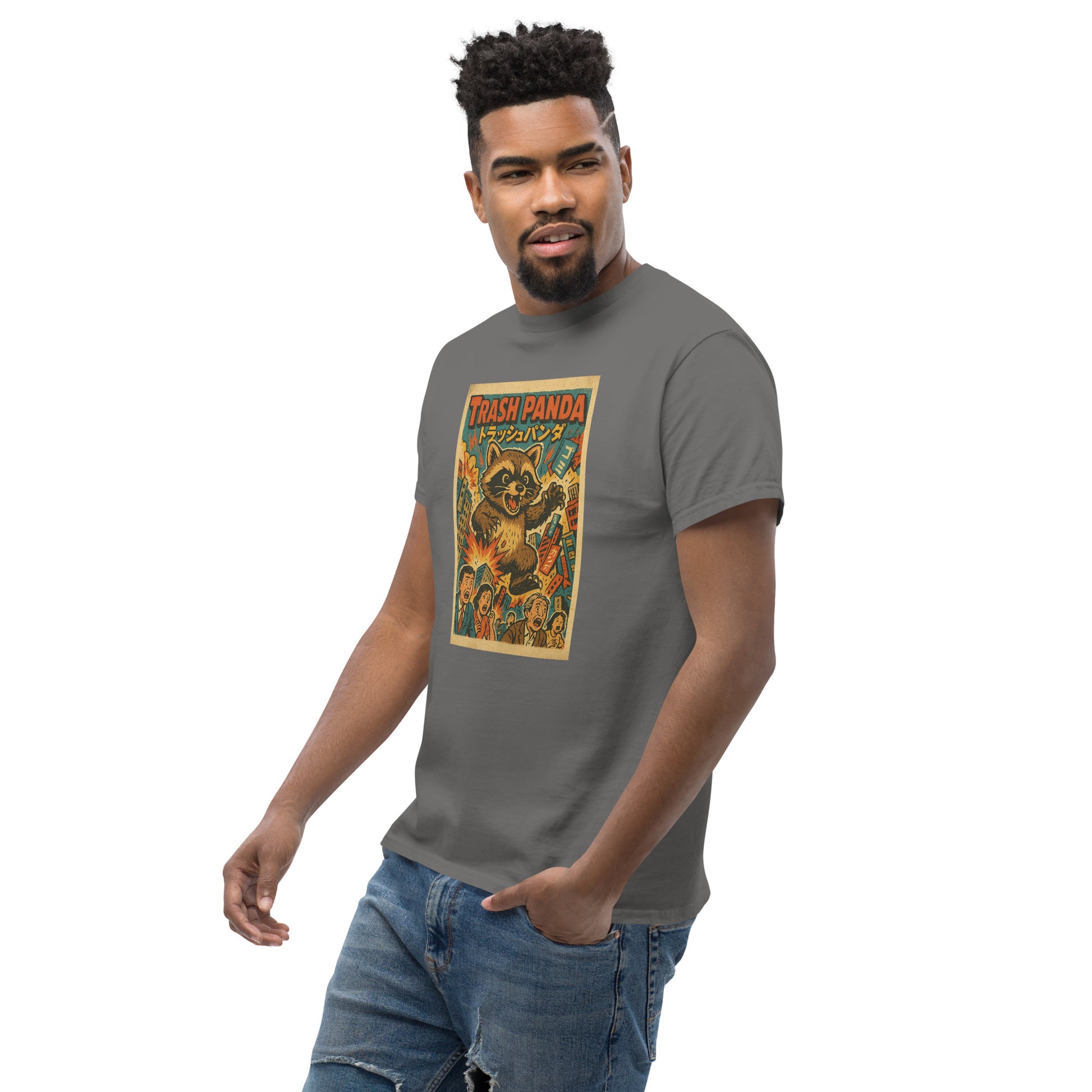 Man wearing a gray t-shirt with a graphic design on a white background