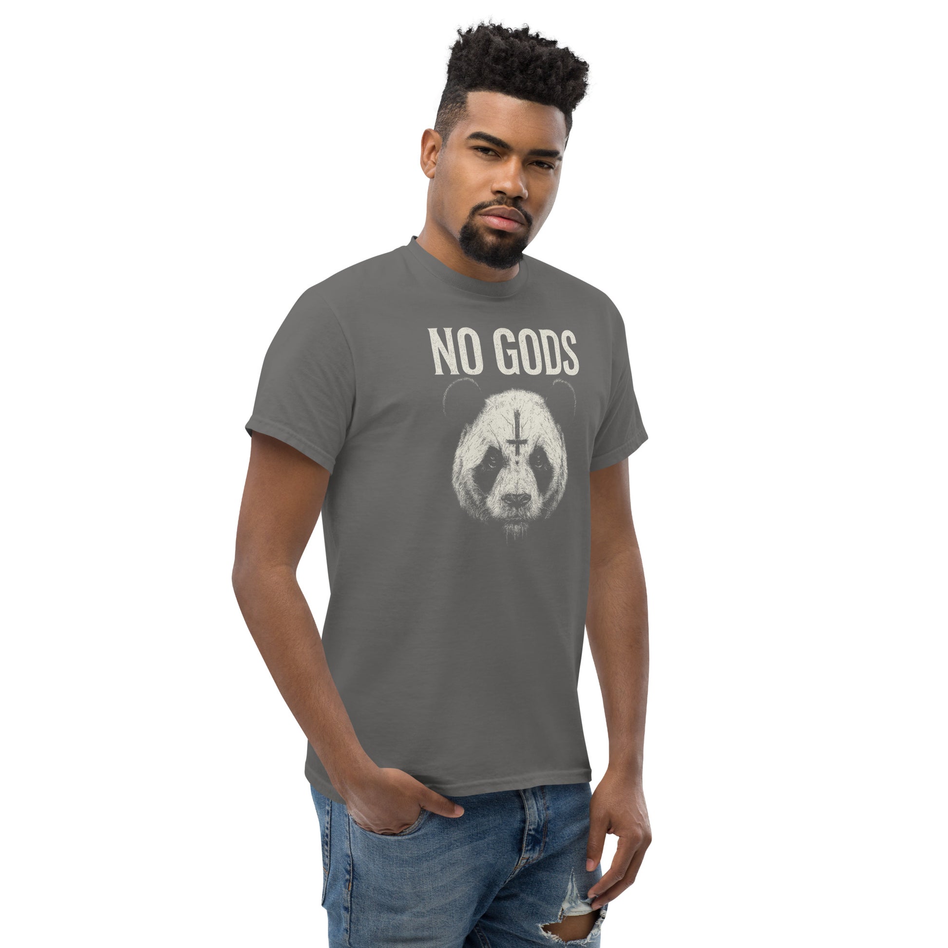 Man wearing a gray t-shirt with 'NO GODS' text and graphic design on a white background