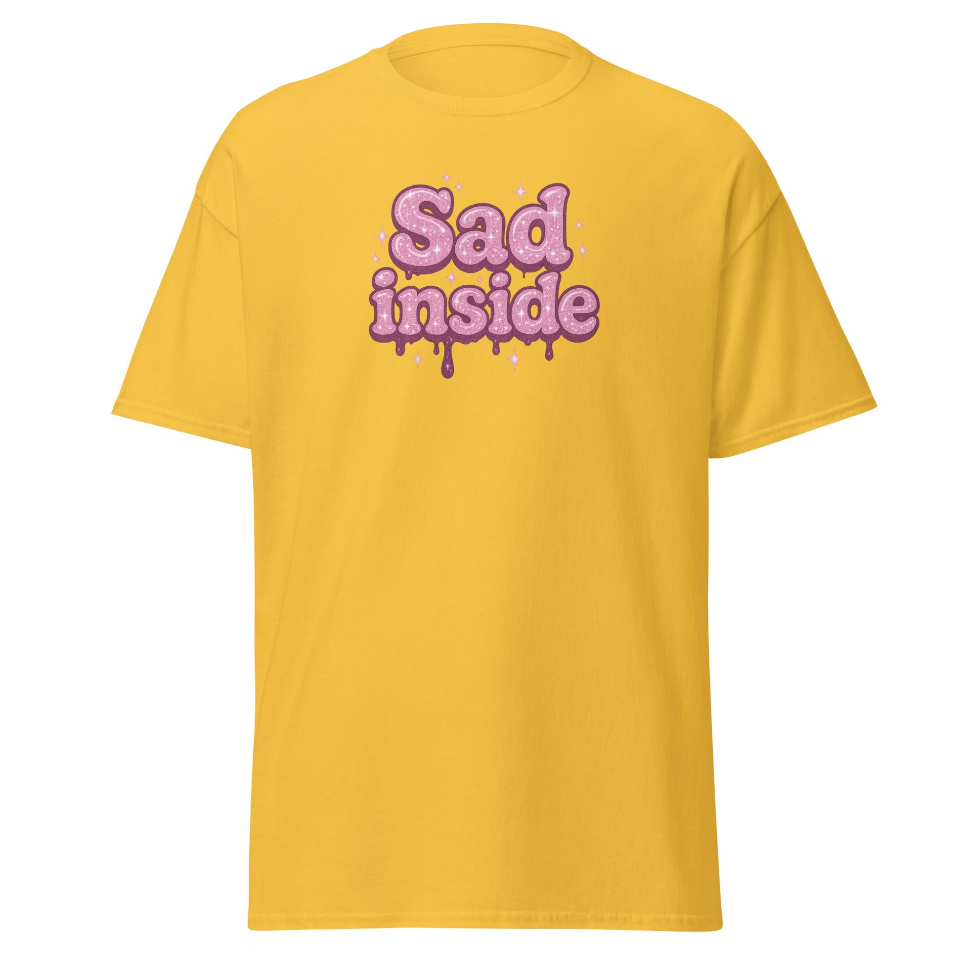 Yellow t-shirt with 'Sad inside' text in pink on a white background