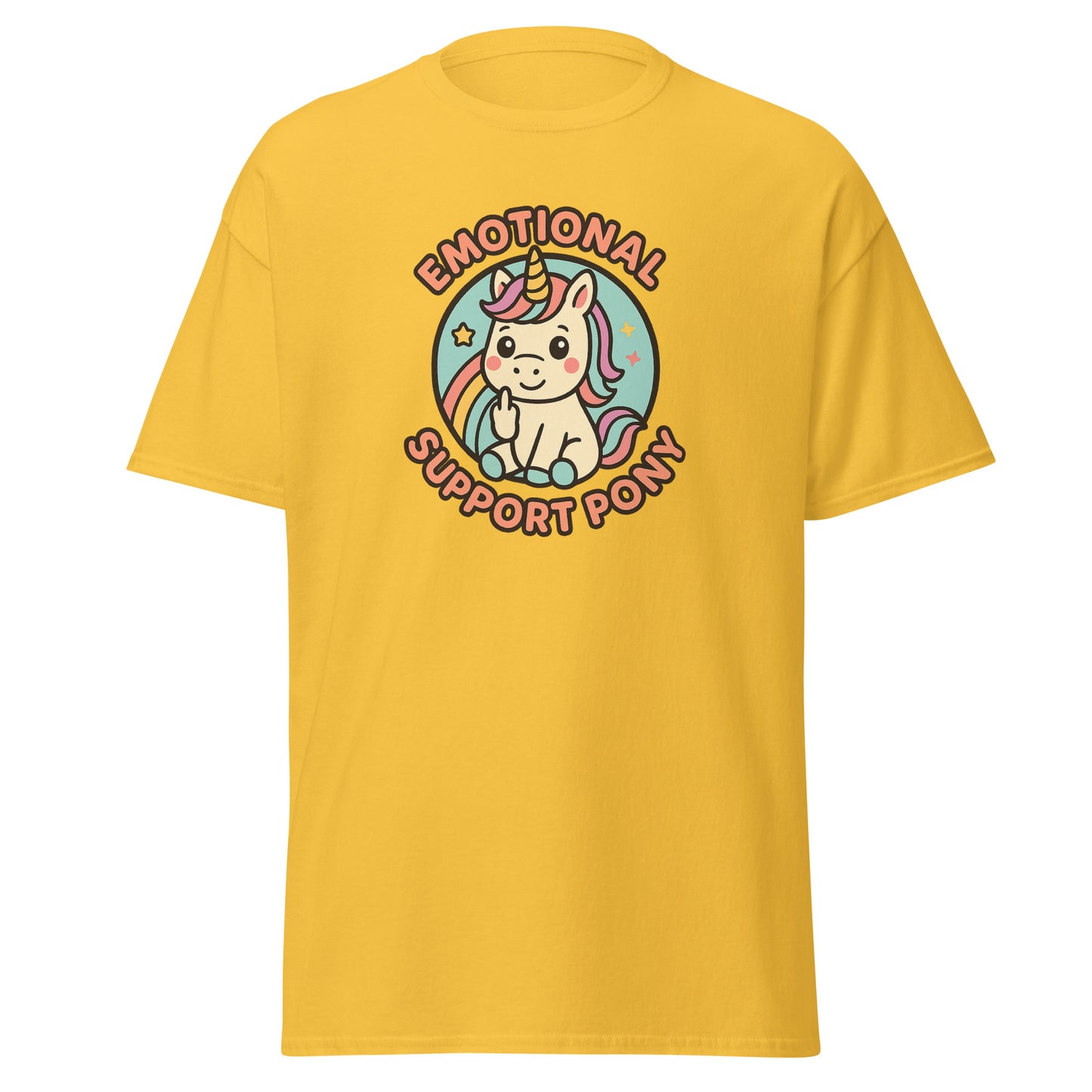 Yellow t-shirt with a unicorn graphic and text on a white background