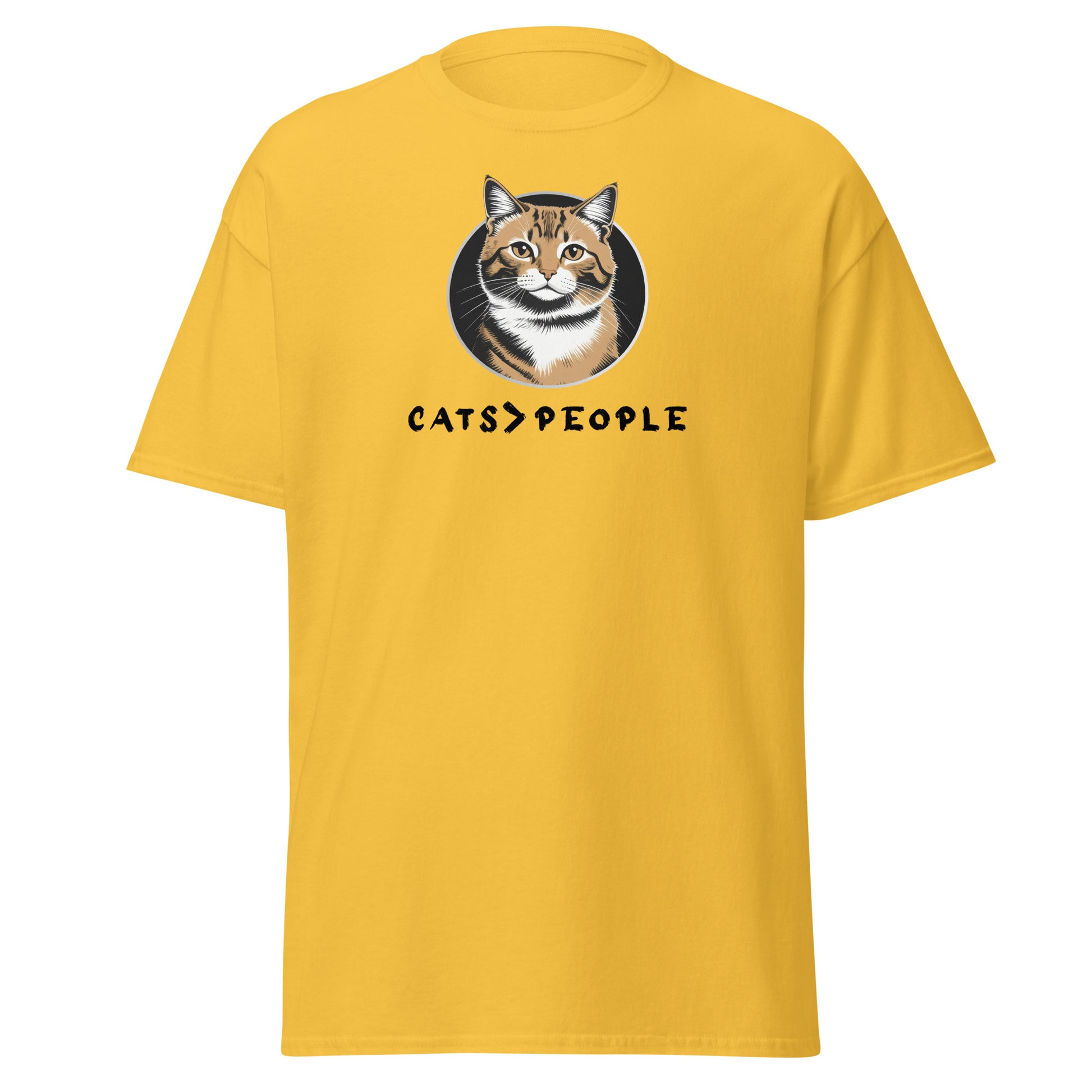 Yellow t-shirt with a cat graphic and 'CATS > PEOPLE' text on a white background