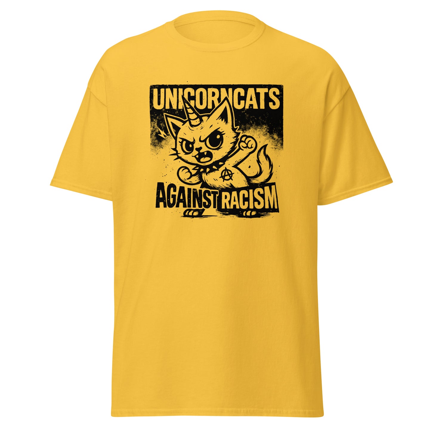Yellow shirt with a unicorncat and the slogan "Unicorncats against racism"