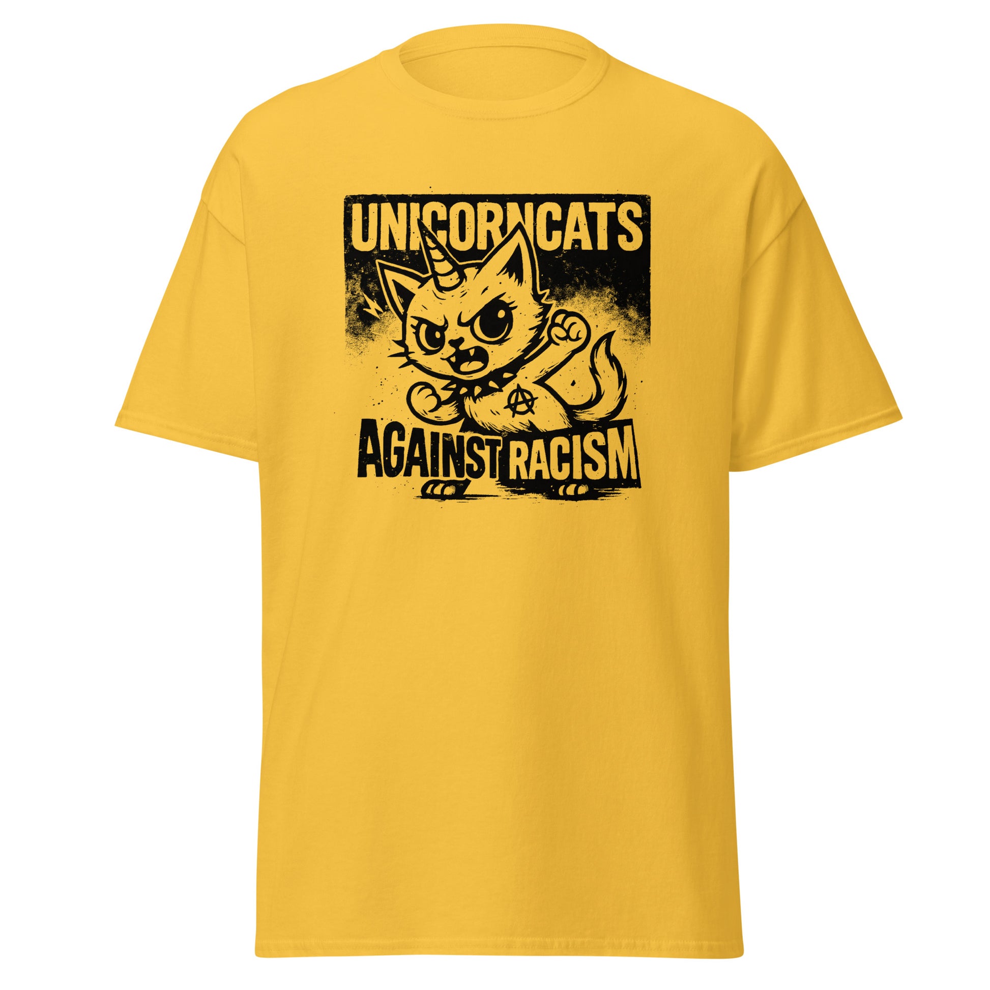 Yellow shirt with a unicorncat and the slogan "Unicorncats against racism"
