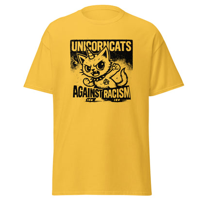 Yellow shirt with a unicorncat and the slogan "Unicorncats against racism"