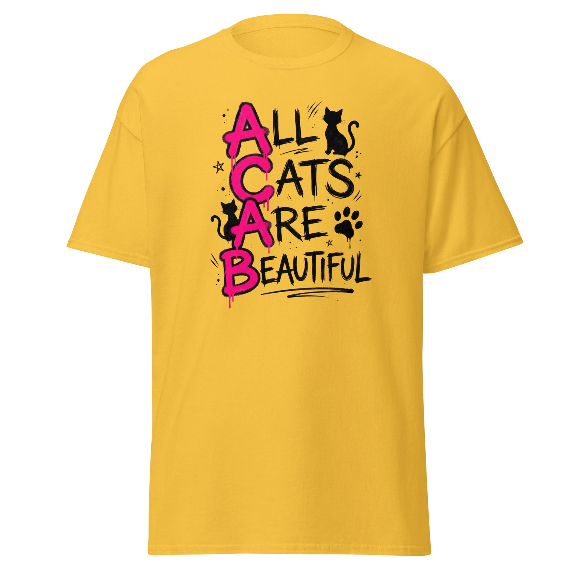 Yellow t-shirt with 'All Cats Are Beautiful' text and cat graphics on a white background