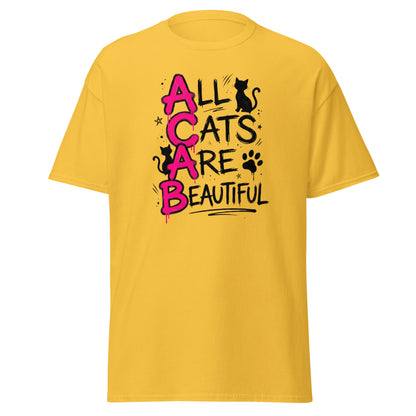 Yellow t-shirt with 'All Cats Are Beautiful' text and cat graphics on a white background