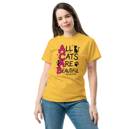 Woman wearing a yellow t-shirt with a cat-themed design on a white background