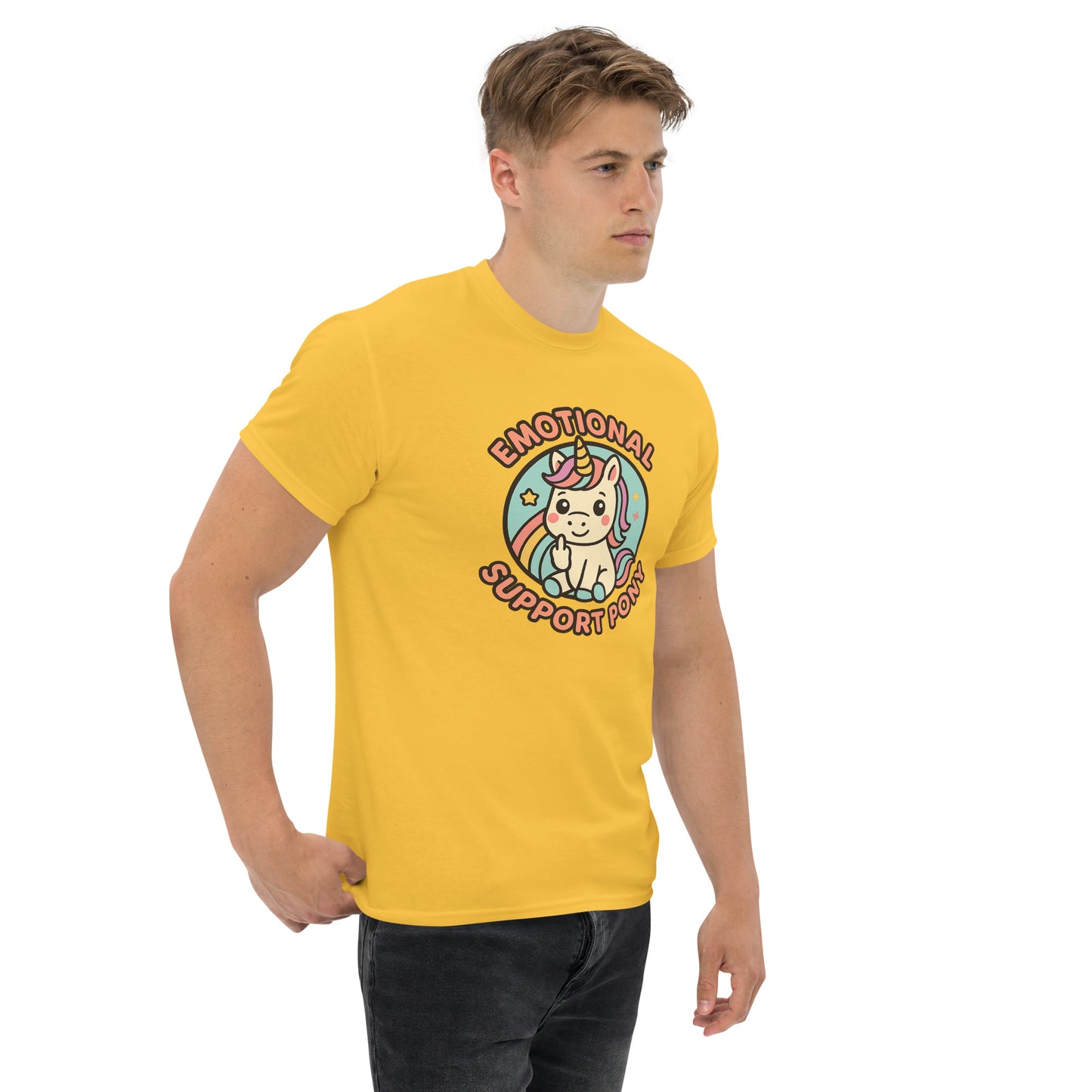 Man wearing a yellow t-shirt with a colorful graphic and text on a white background
