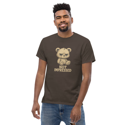 Man wearing a brown t-shirt with a bear graphic and text on a white background