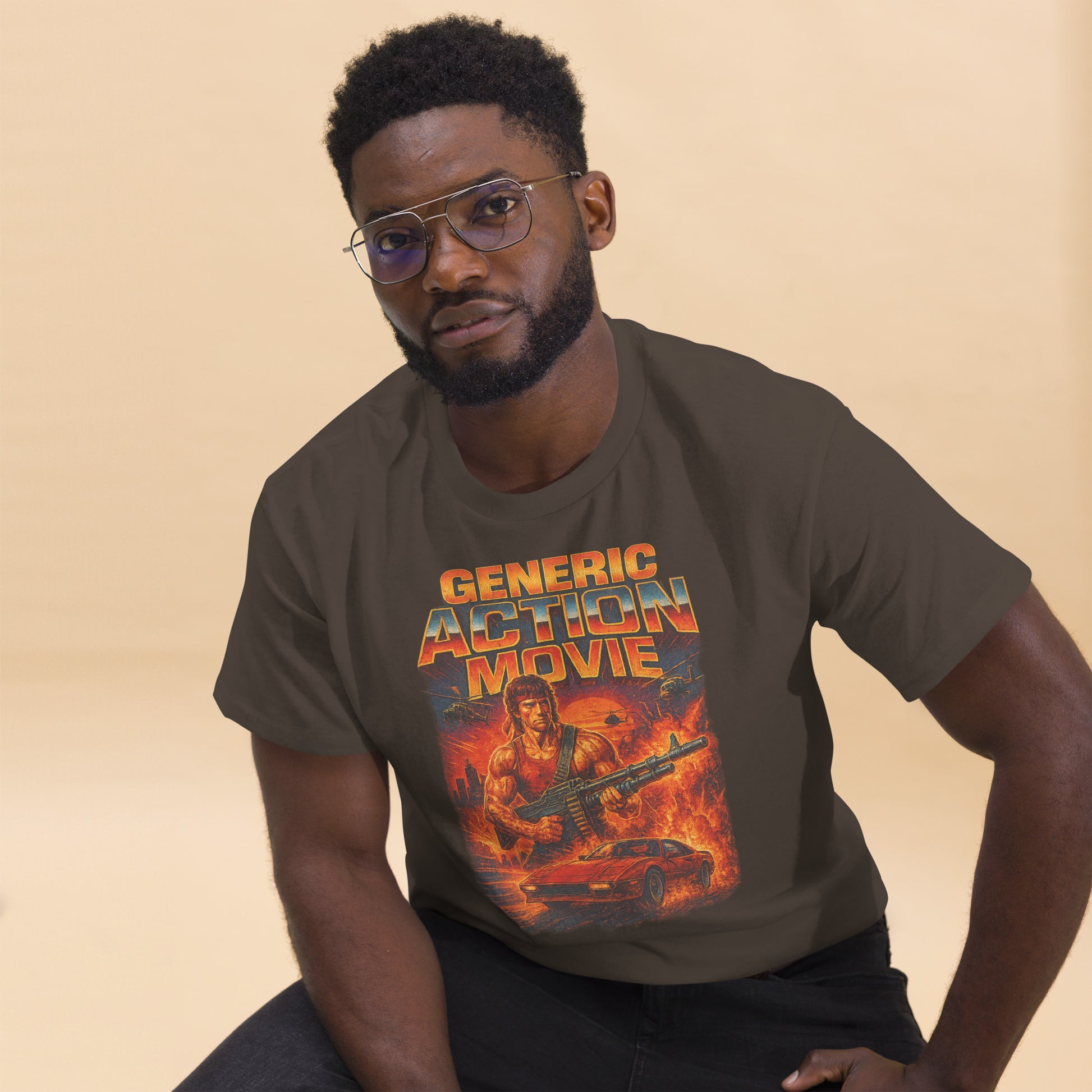 Man wearing a t-shirt with 'Generic Action Movie' graphic design on a beige background