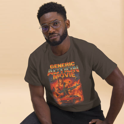 Man wearing a t-shirt with 'Generic Action Movie' graphic design on a beige background