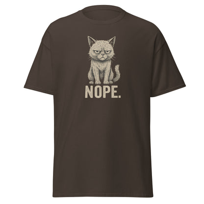 Brown t-shirt with a cat graphic and 'NOPE.' text on a white background