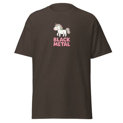 Brown t-shirt with a unicorn and 'Black Metal' text on a white background