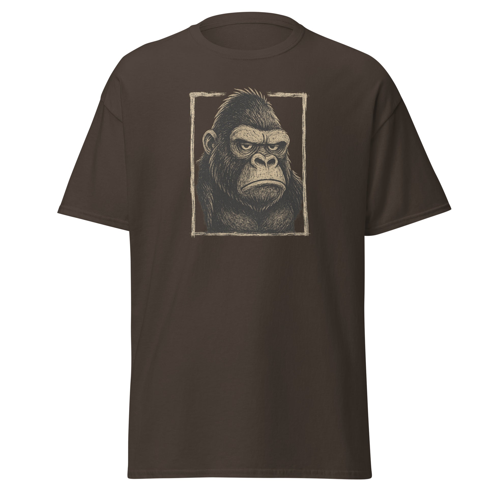 Brown t-shirt with a graphic of a gorilla's face on a white background