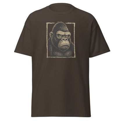 Brown t-shirt with a graphic of a gorilla's face on a white background