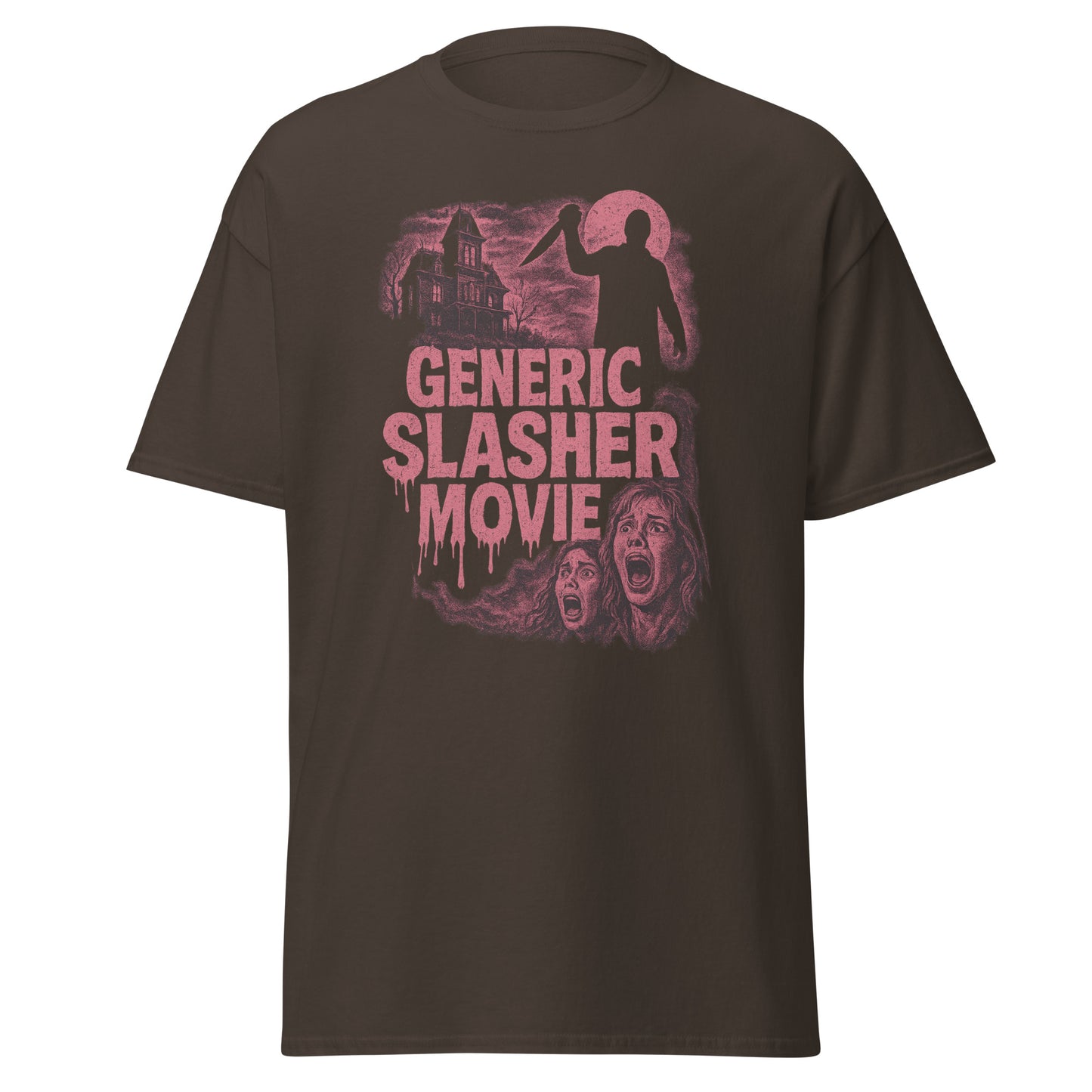 Brown t-shirt with 'Generic Slasher Movie' graphic design on a white background