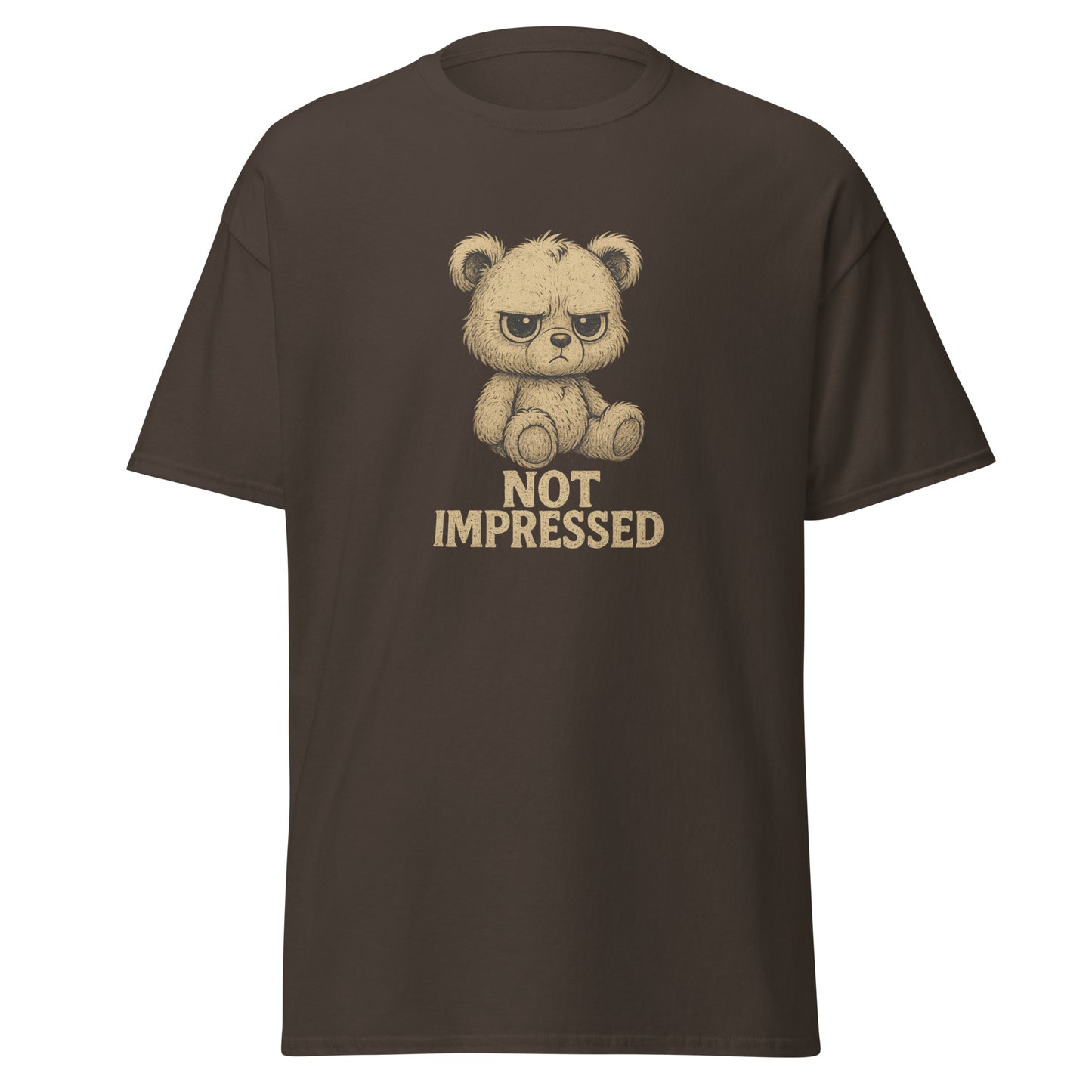 Brown t-shirt with a bear graphic and 'Not Impressed' text on a white background
