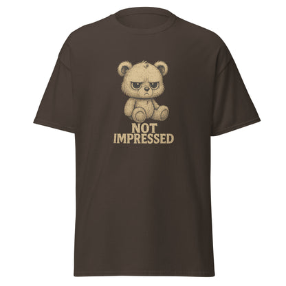 Brown t-shirt with a bear graphic and 'Not Impressed' text on a white background