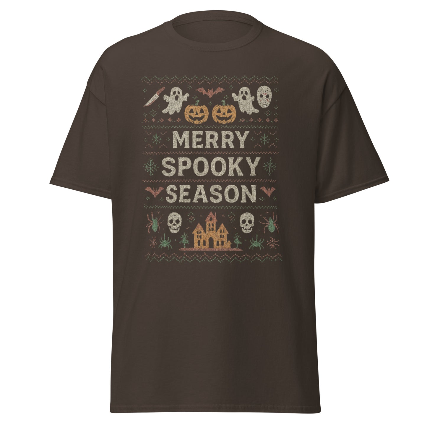 Brown t-shirt with Halloween-themed design and text 'Merry Spooky Season' on a white background