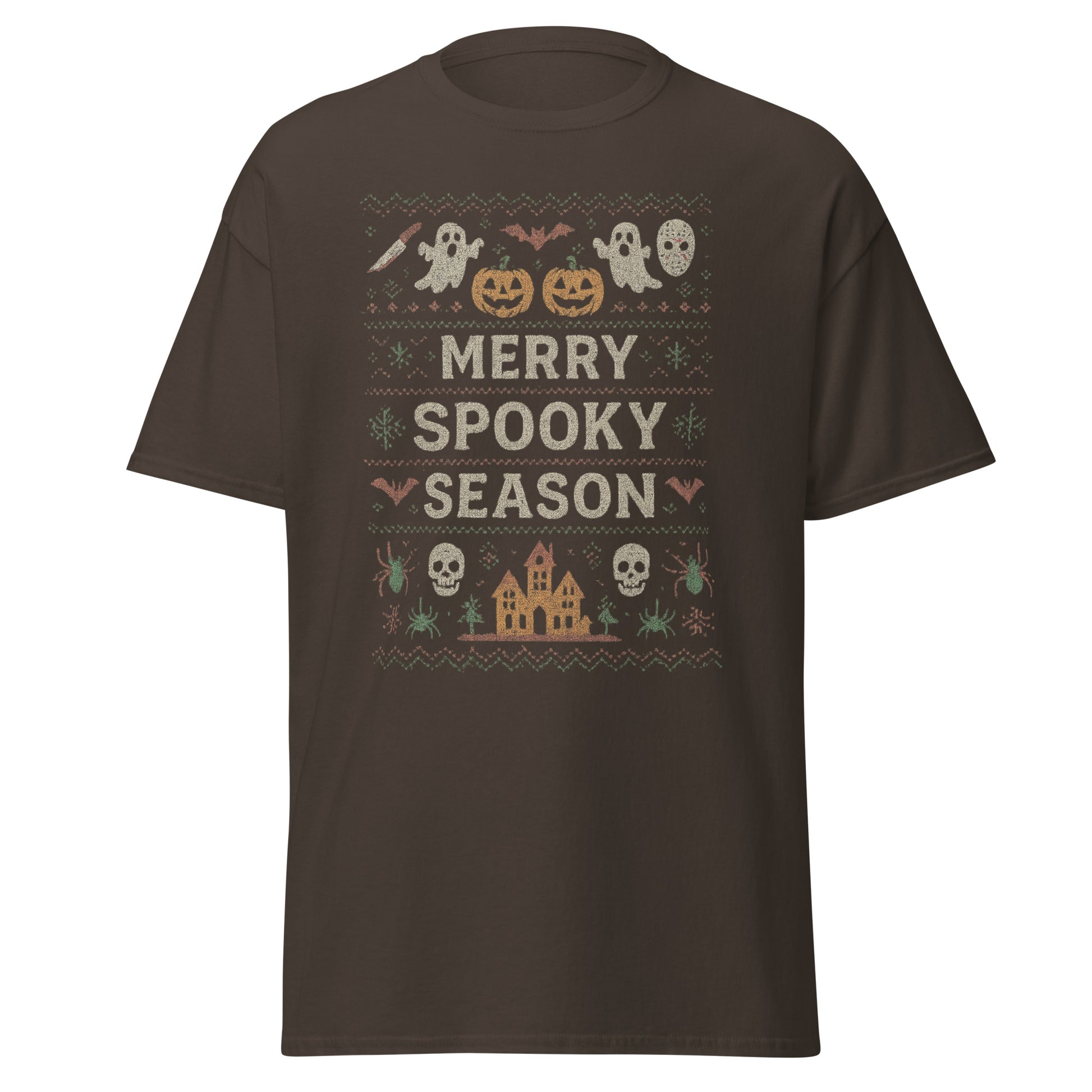 Brown t-shirt with Halloween-themed design and text 'Merry Spooky Season' on a white background