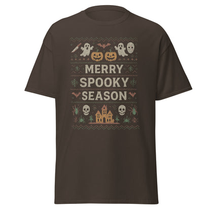 Brown t-shirt with Halloween-themed design and text 'Merry Spooky Season' on a white background