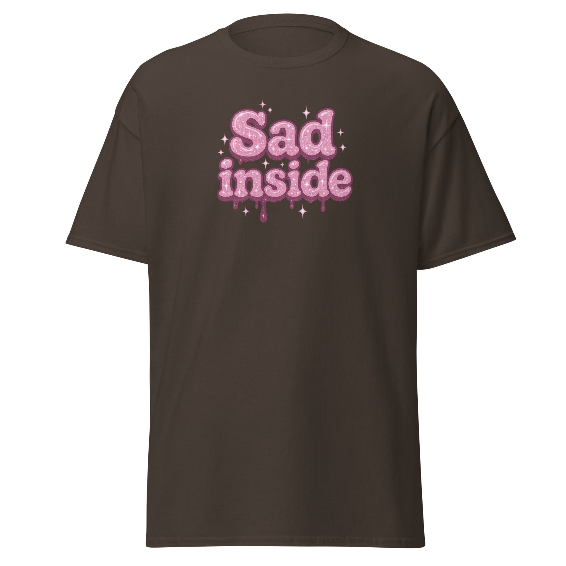Brown t-shirt with pink 'Sad inside' text on a white background