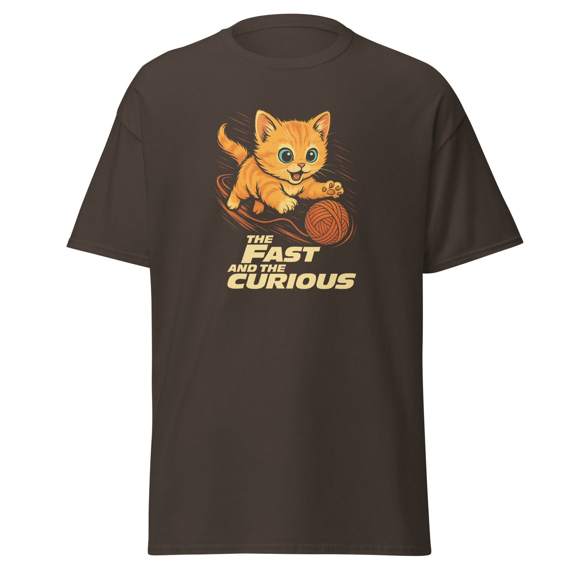 Brown t-shirt with a cat graphic and text on a white background