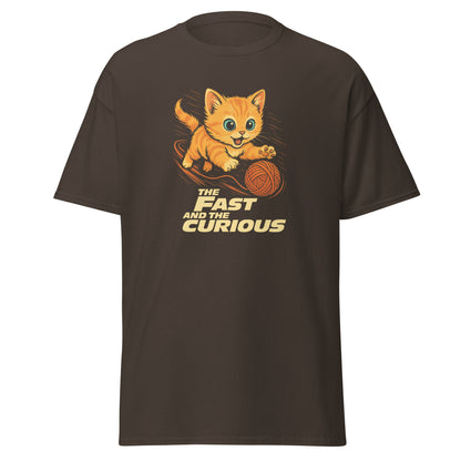 Brown t-shirt with a cat graphic and text on a white background