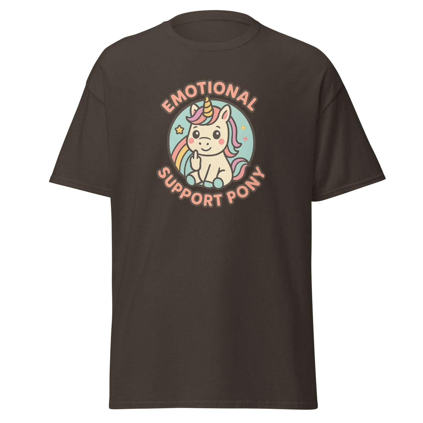 Brown t-shirt with a unicorn graphic and text on a white background