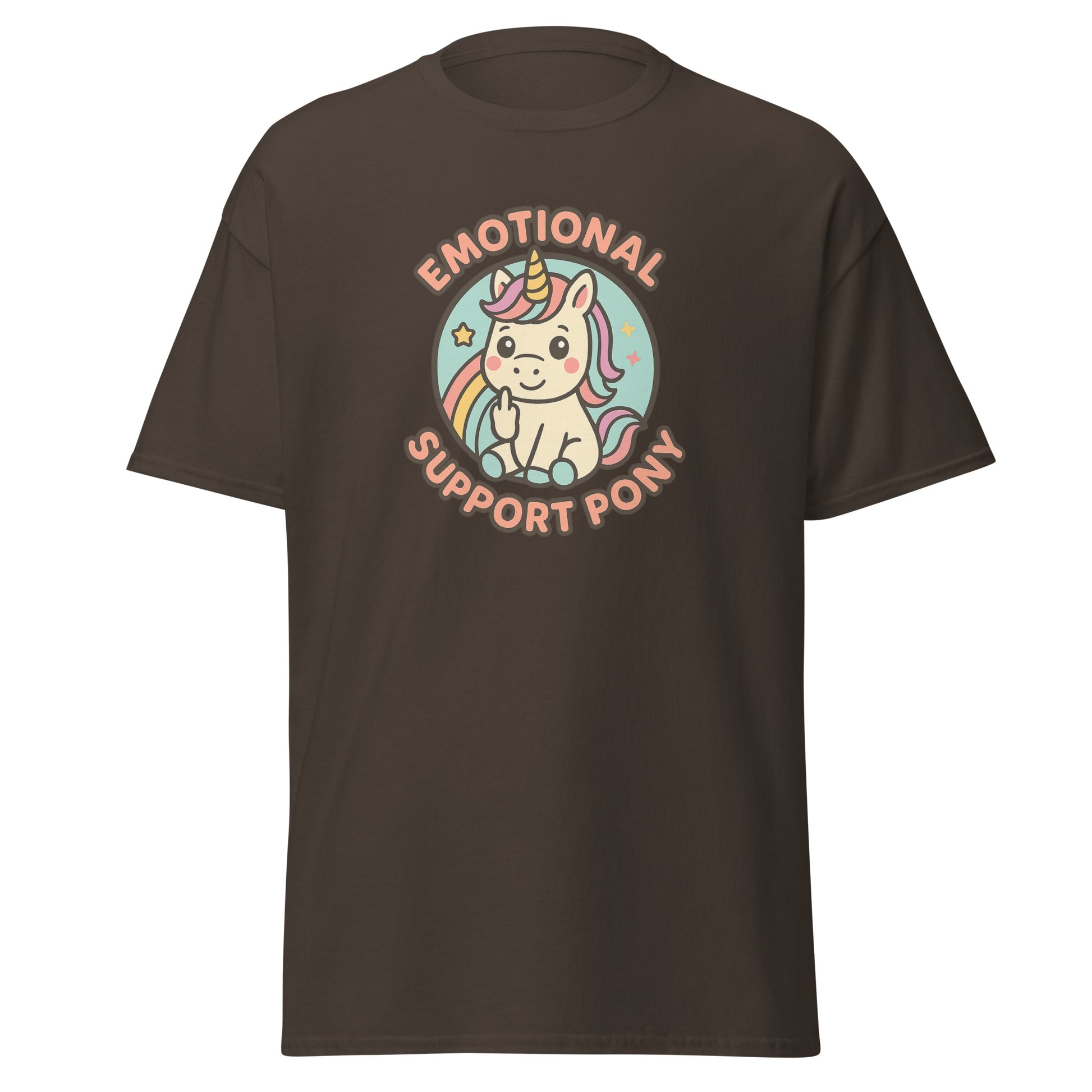 Brown t-shirt with a unicorn graphic and text on a white background