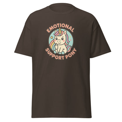 Brown t-shirt with a unicorn graphic and text on a white background