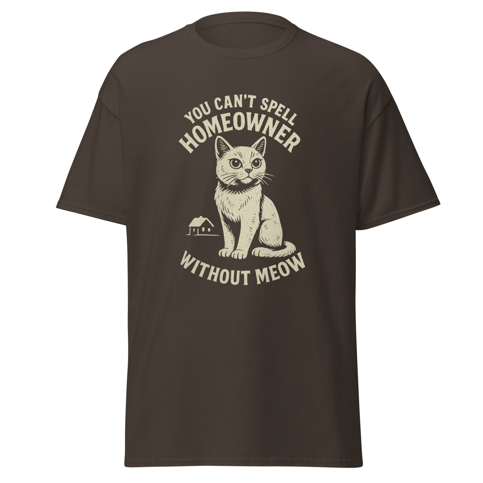 Brown t-shirt with a cat graphic and text on a white background