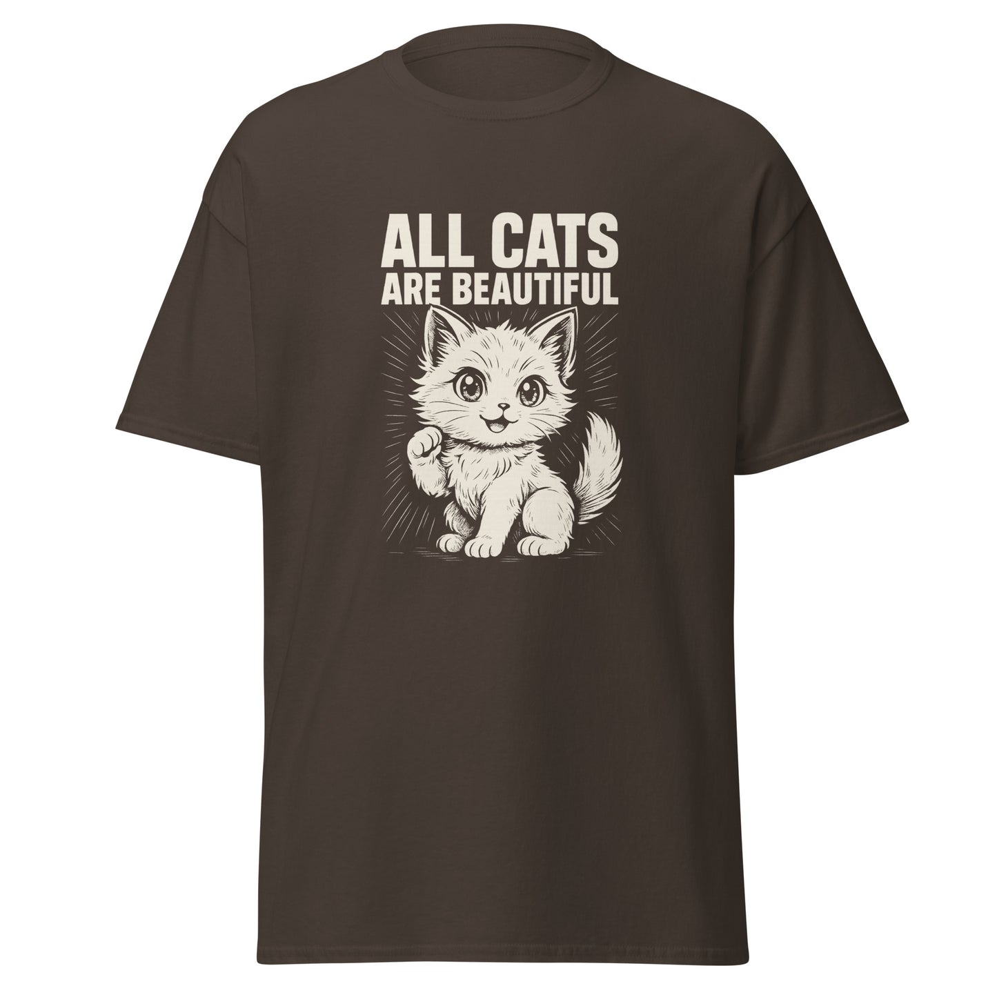 Brown t-shirt with a graphic of a cat and text 'All Cats Are Beautiful' on a white background
