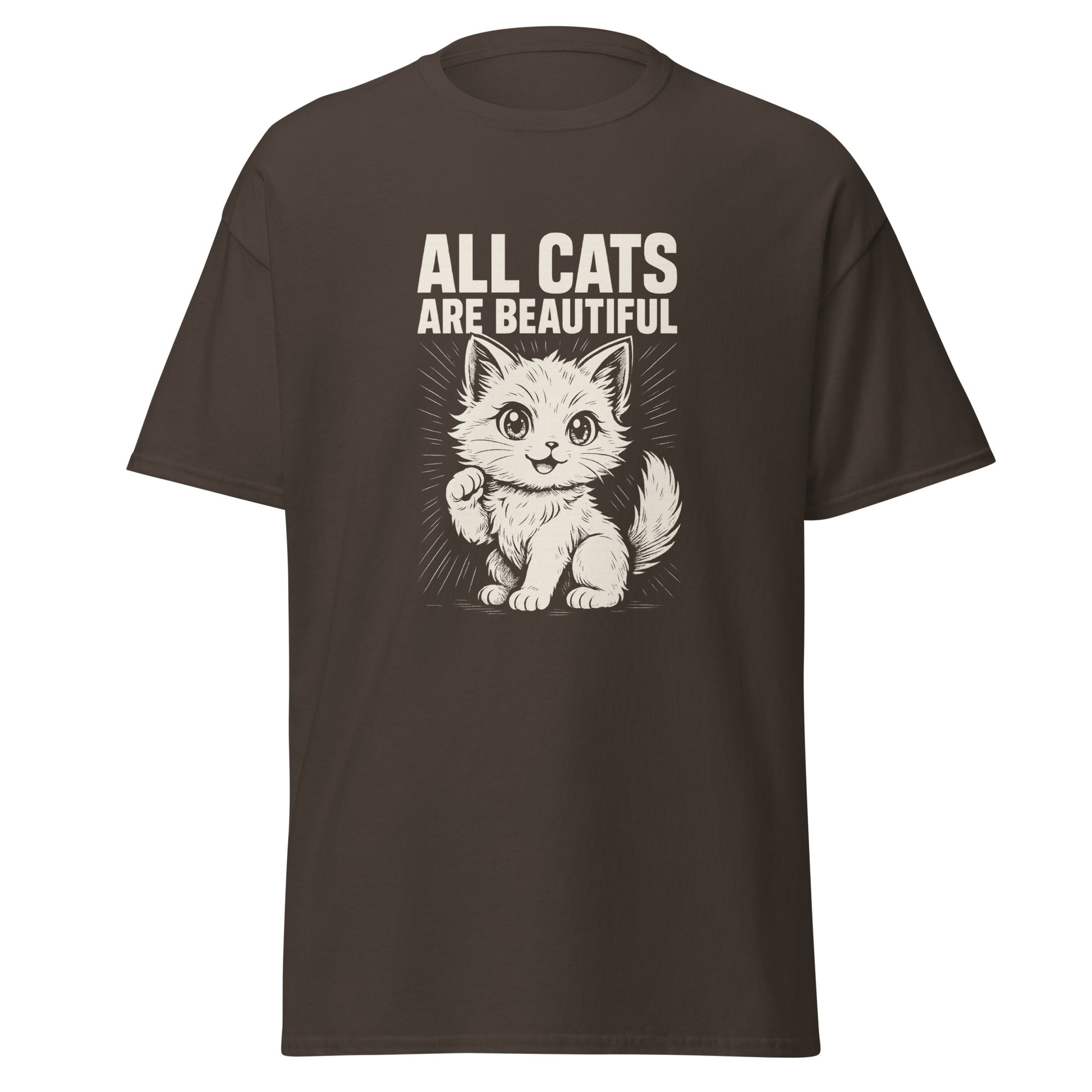 Brown t-shirt with a graphic of a cat and text 'All Cats Are Beautiful' on a white background