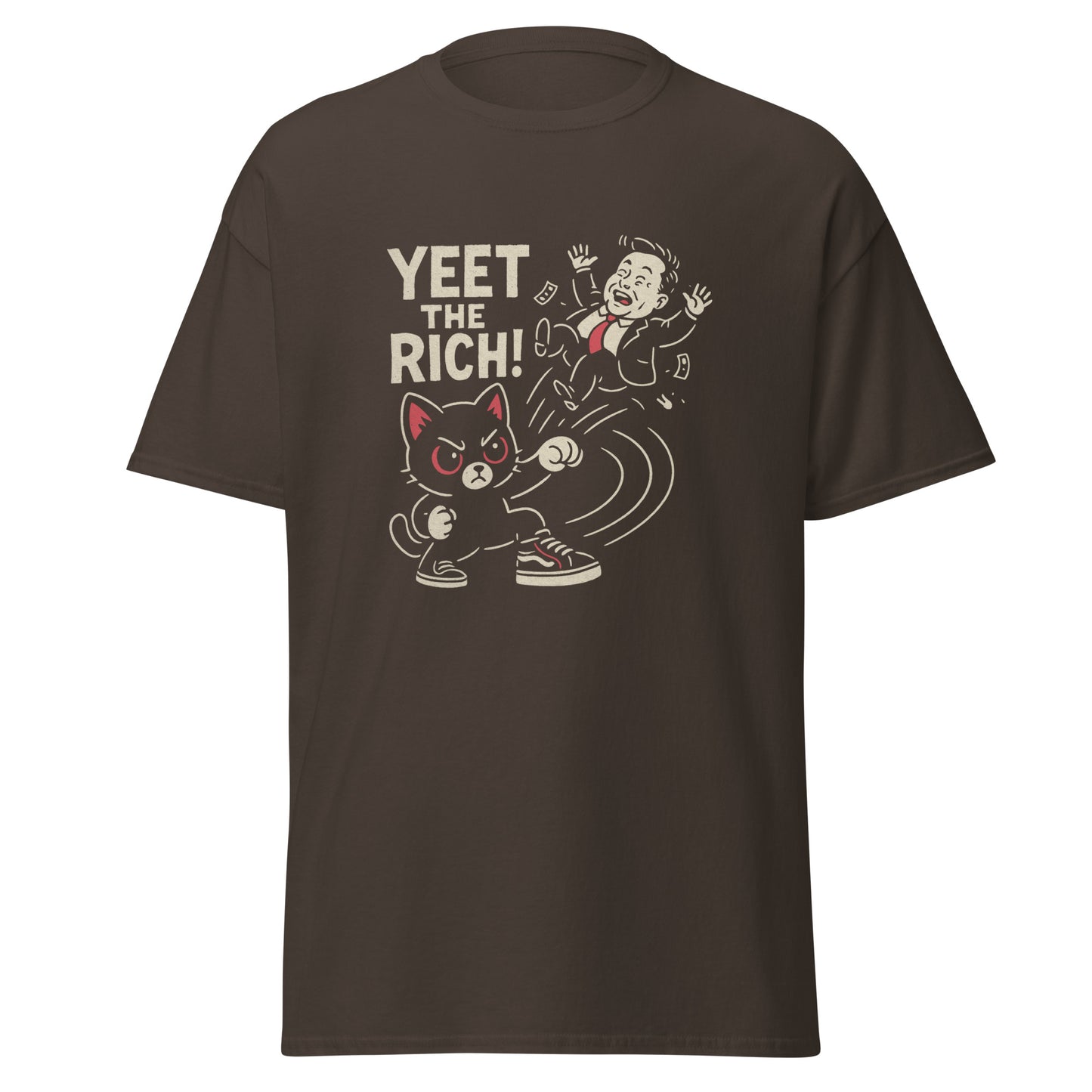 Brown t-shirt with graphic design and text 'YEET THE RICH!' on a white background