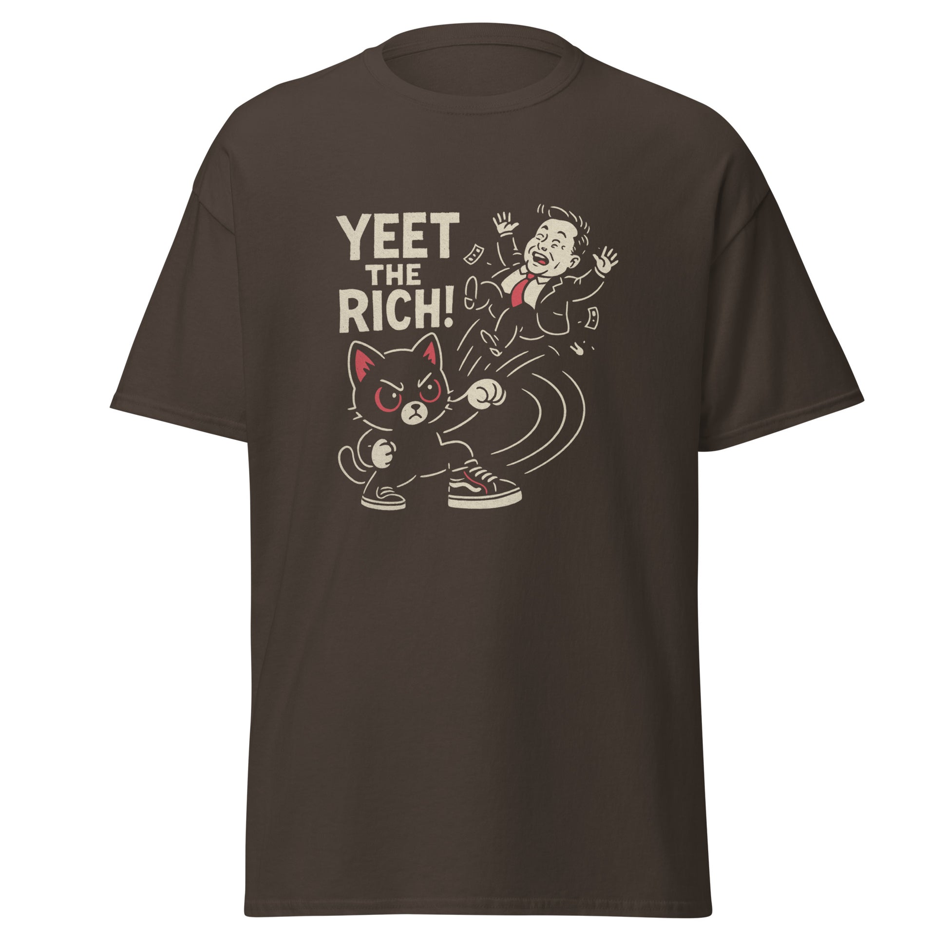 Brown t-shirt with graphic design and text 'YEET THE RICH!' on a white background