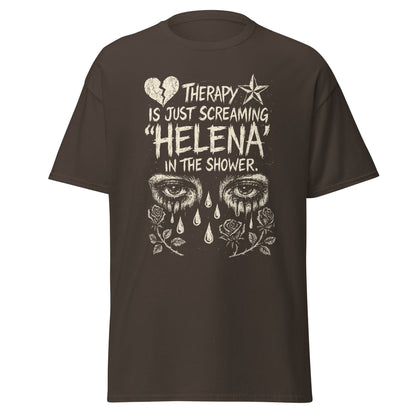 Brown t-shirt with graphic design and text on a white background