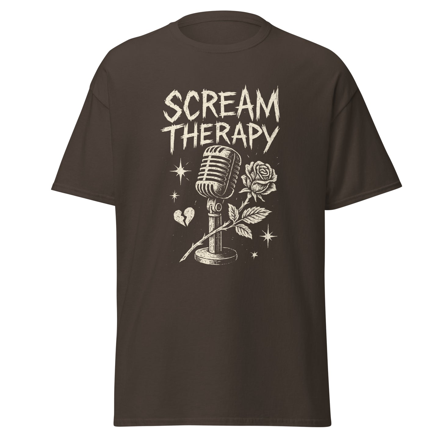 Brown t-shirt with 'Scream Therapy' graphic design featuring a microphone and rose on a white background.