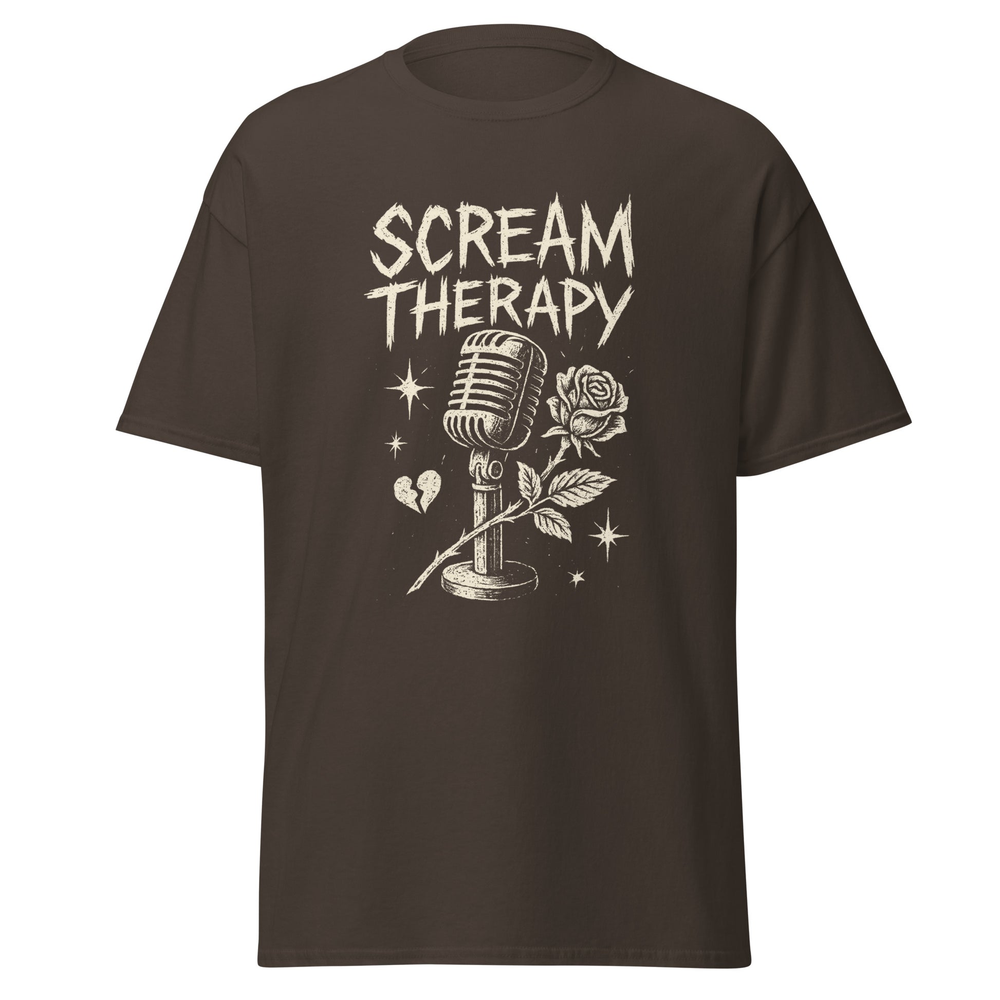 Brown t-shirt with 'Scream Therapy' graphic design featuring a microphone and rose on a white background.
