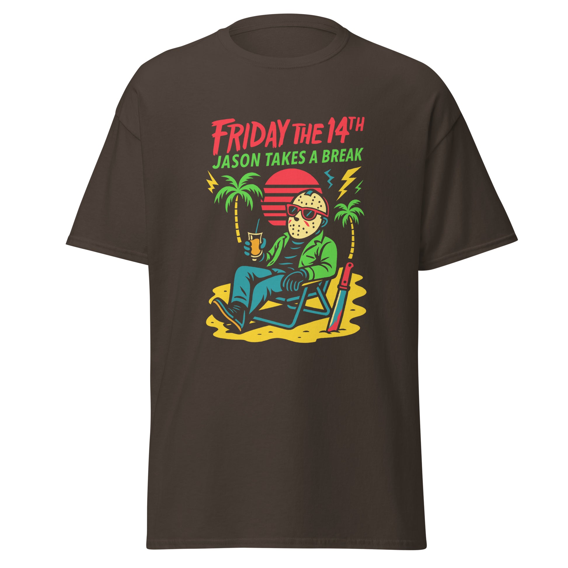 Brown t-shirt with 'Friday the 14th Jason Takes a Break' graphic design on a white background