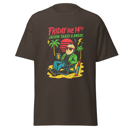 Brown t-shirt with 'Friday the 14th Jason Takes a Break' graphic design on a white background
