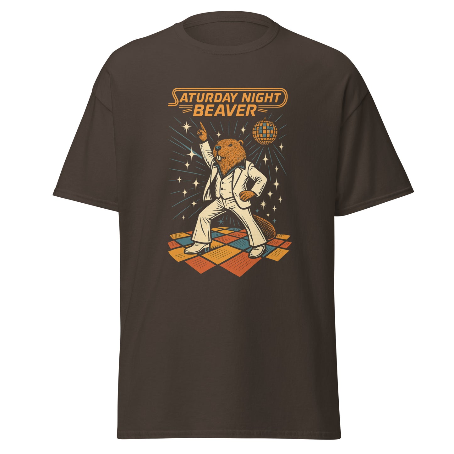 Brown t-shirt with 'Saturday Night Beaver' graphic design on a white background