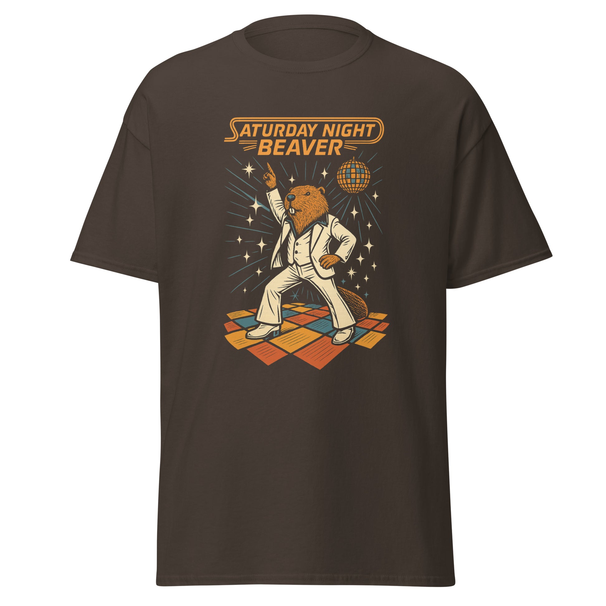 Brown t-shirt with 'Saturday Night Beaver' graphic design on a white background