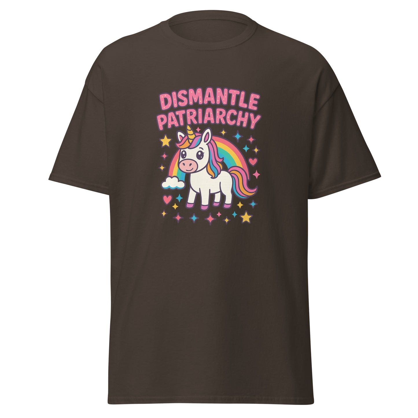 Brown t-shirt with a unicorn graphic and 'Dismantle Patriarchy' text on a white background