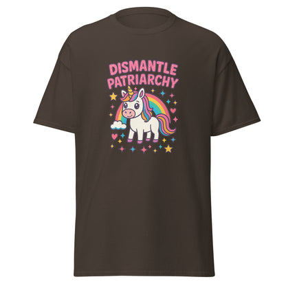 Brown t-shirt with a unicorn graphic and 'Dismantle Patriarchy' text on a white background