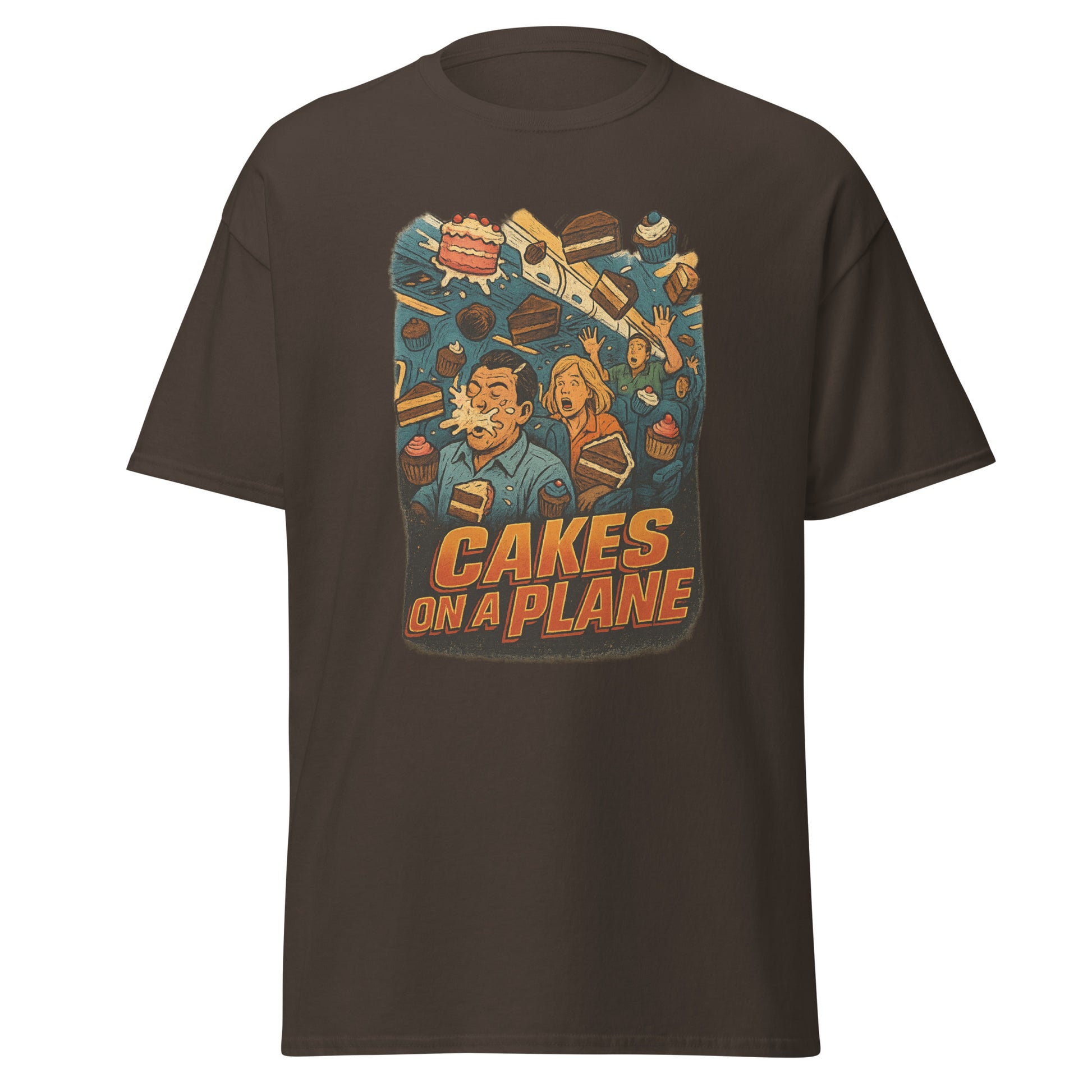 Brown t-shirt with 'Cakes on a Plane' graphic design on a white background