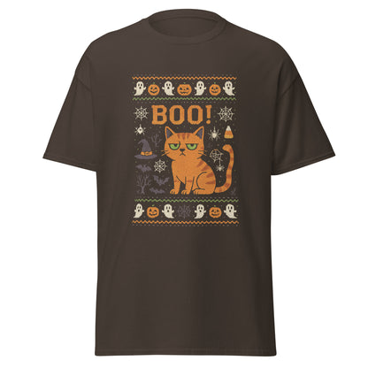 Brown t-shirt with Halloween-themed design featuring a cat and pumpkins on a white background