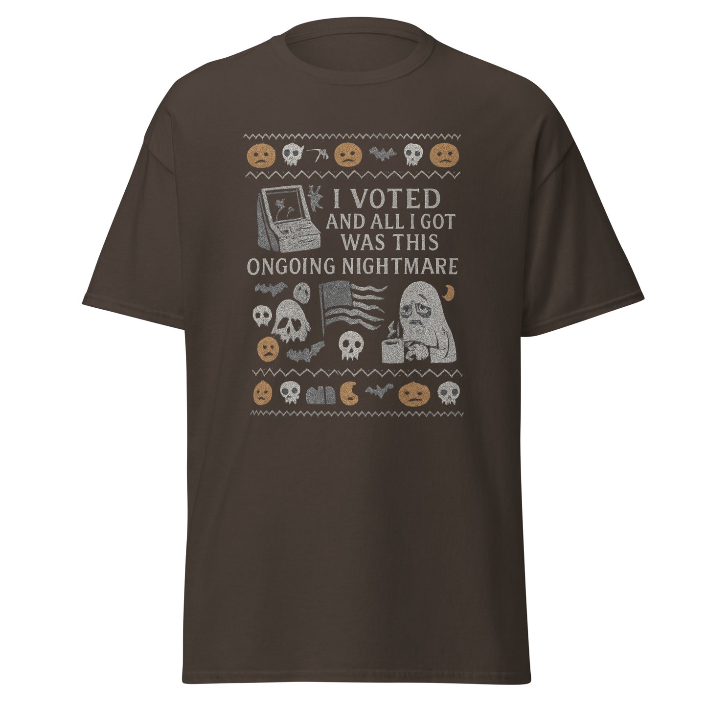Brown t-shirt with graphic design and text on a white background