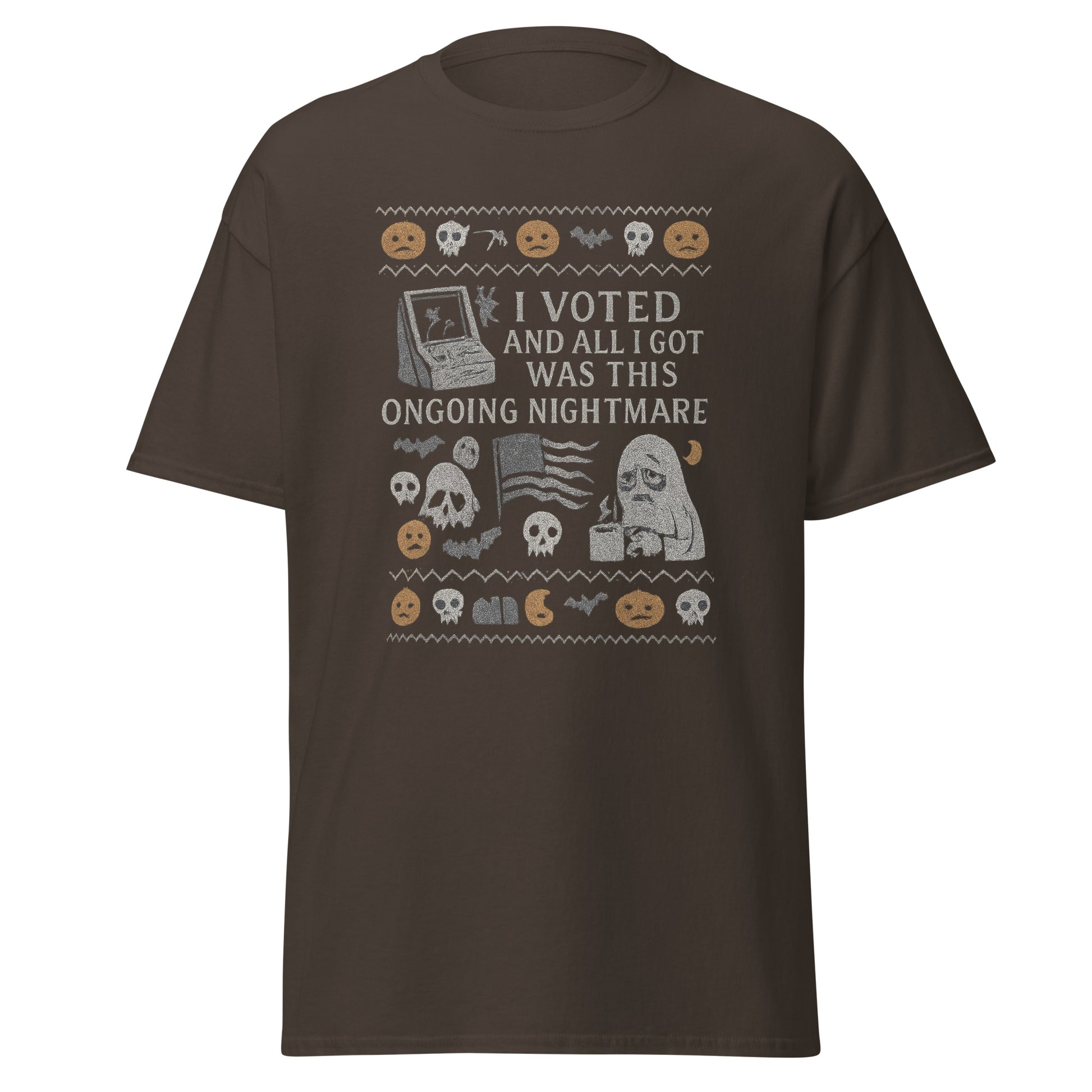 Brown t-shirt with graphic design and text on a white background