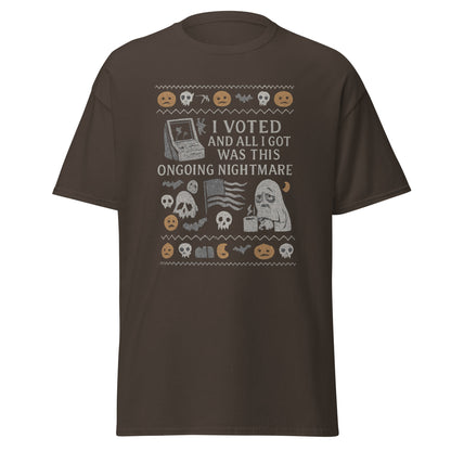 Brown t-shirt with graphic design and text on a white background